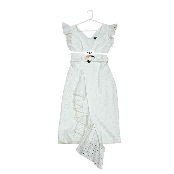 PATBO romantic ruffle sleeve Belted Eyelet Midi Dress In White sz 4 - Picture 7 of 14